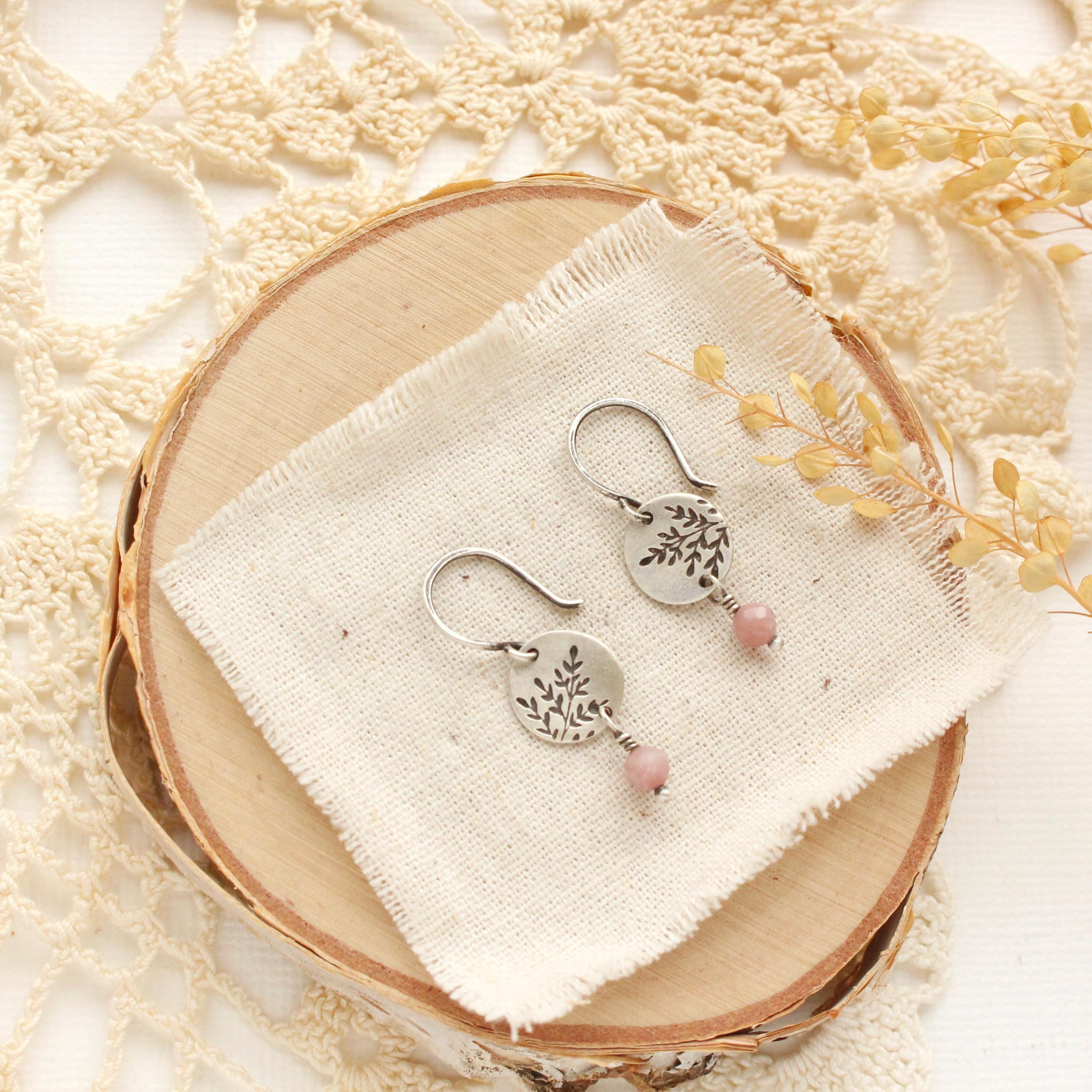 Mini Sprout Rhodonite Dangle Earrings, Dainty Leaf Earrings, Pastel Jewelry