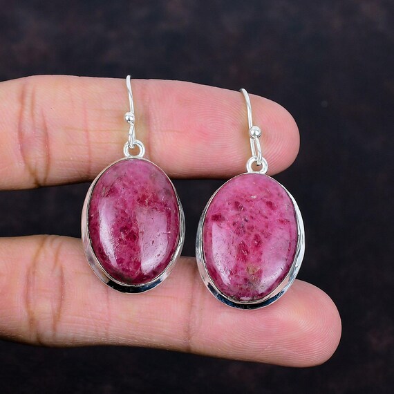 Rhodonite Earrings: Oval Gemstone, 925 Sterling Silver, Handmade