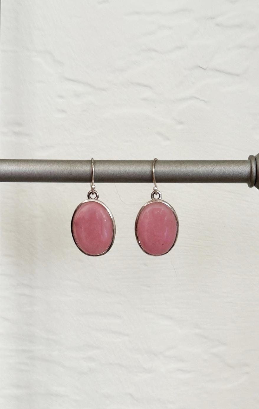 Pink Rhodonite Cabochon Drop Earrings - Sterling Silver Handcrafted