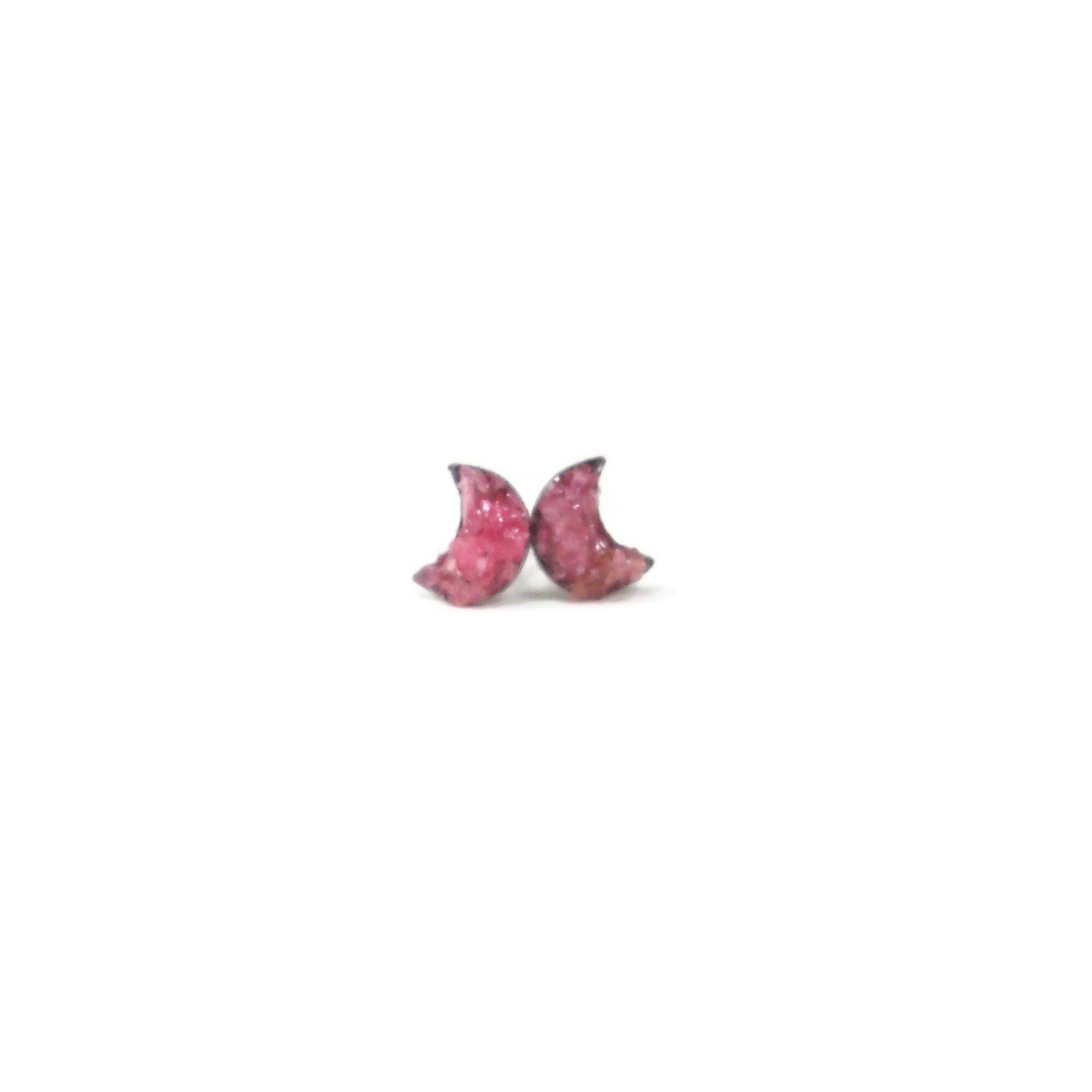 Pink Rhodonite Crescent Moon Earrings Crushed Stone Hypoallergenic Stainless Steel Studs