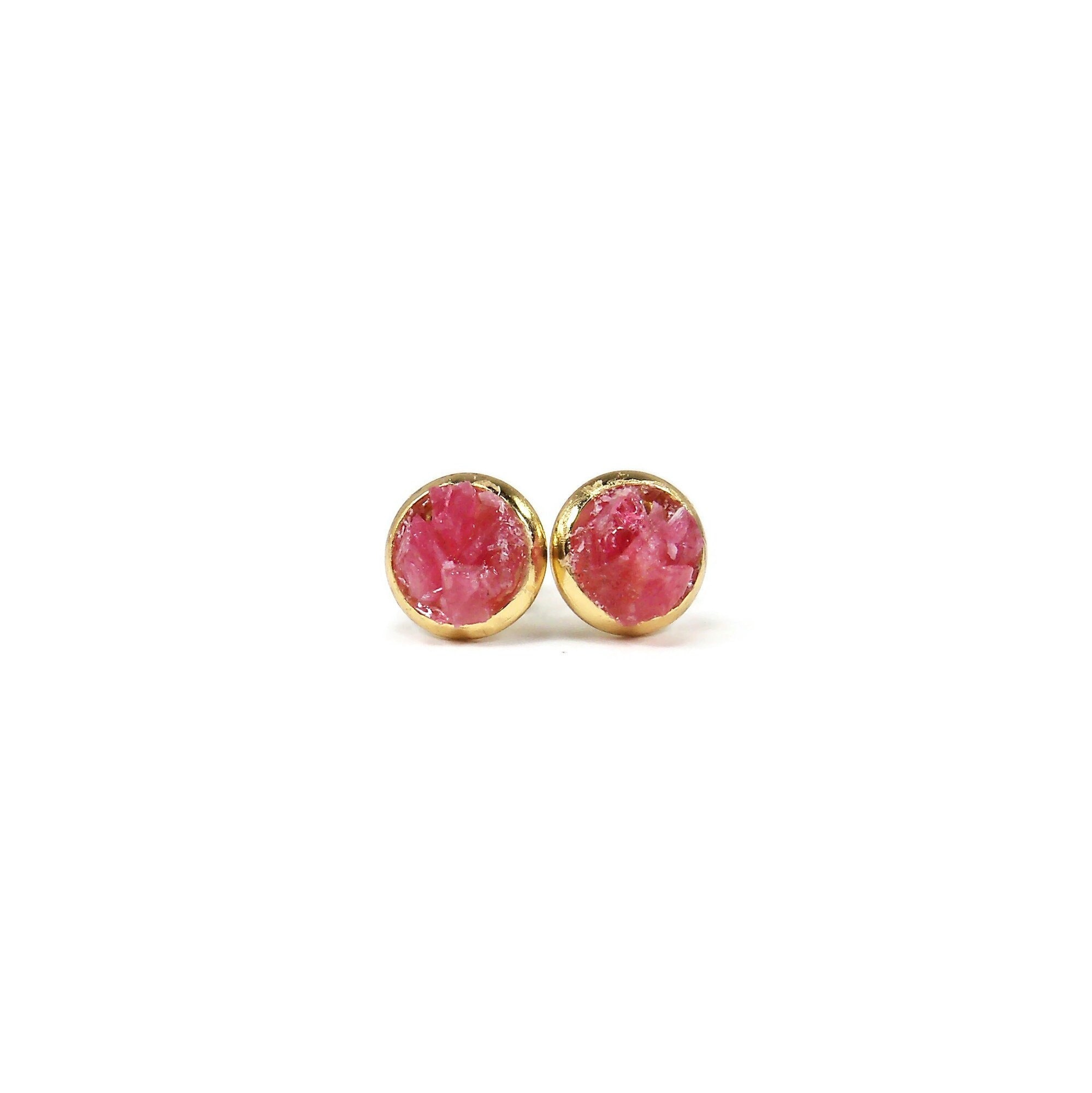Pink Rhodonite Crushed Stone Gold Plated Stainless Steel 6mm Stud Earrings