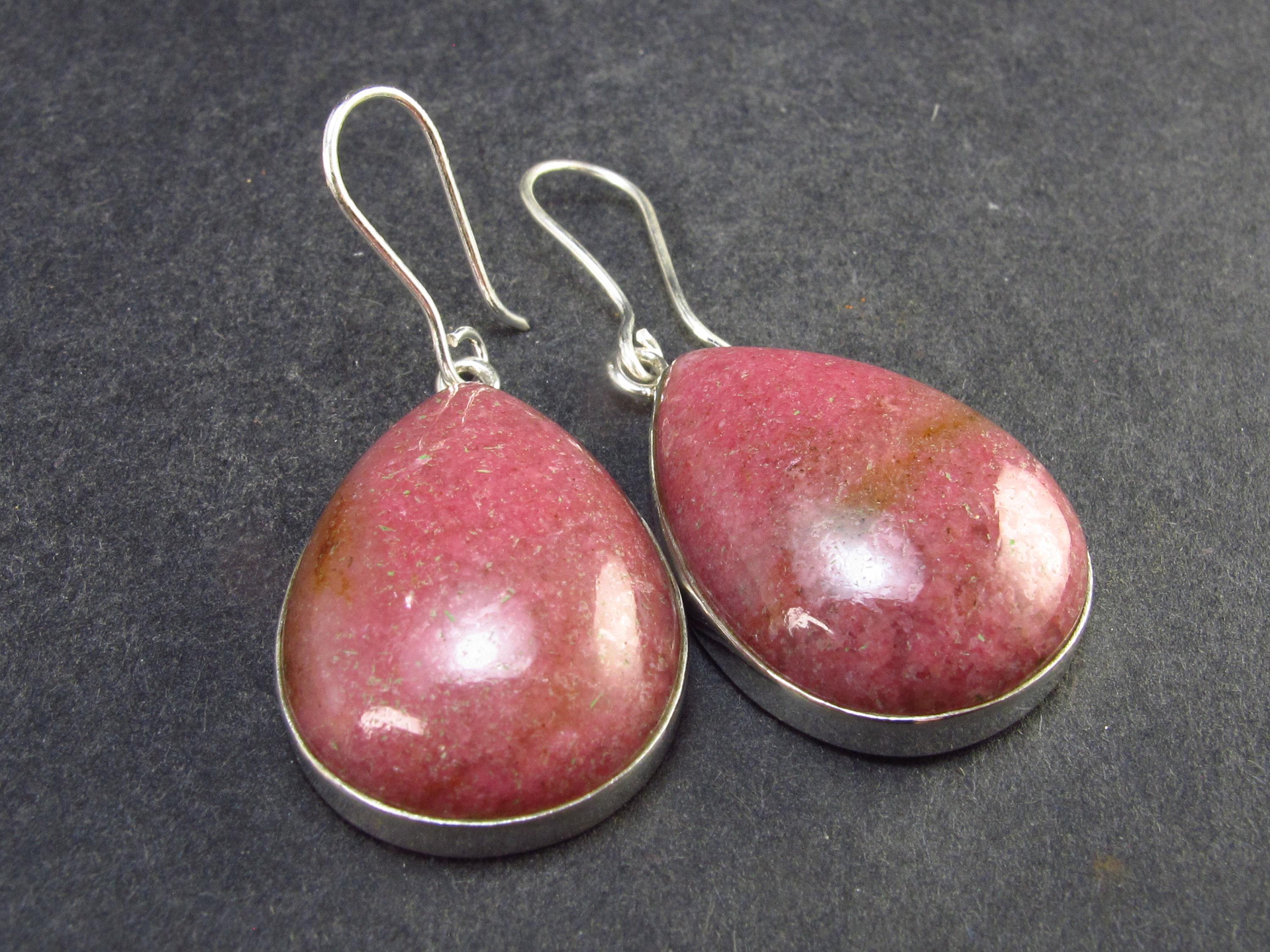 Pink Rhodonite Silver Drop Earrings From Brazil - 14.3 Grams
