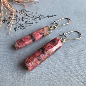 Pink Stone Column Earrings, Rhodonite Earrings On Antique Gold