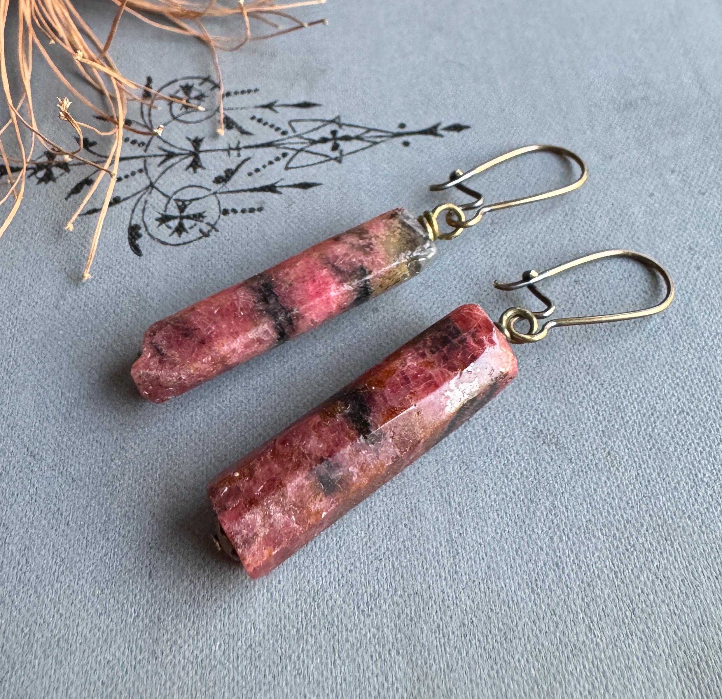 Pink Stone Column Earrings, Rhodonite Earrings On Antique Gold