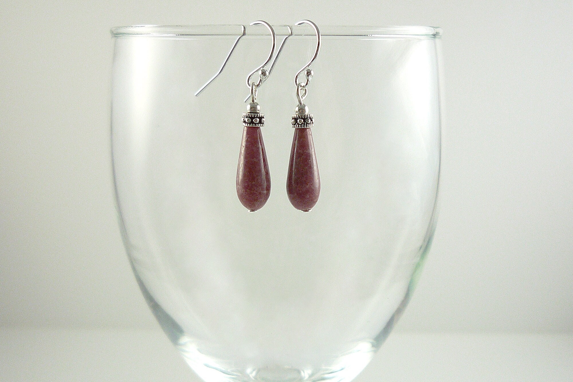 Rhodonite Earrings Silver Rhodonite Drop Earrings Dusty Mauve Gemstone Earrings Silver Dark Pink Earrings Rhodonite Drops