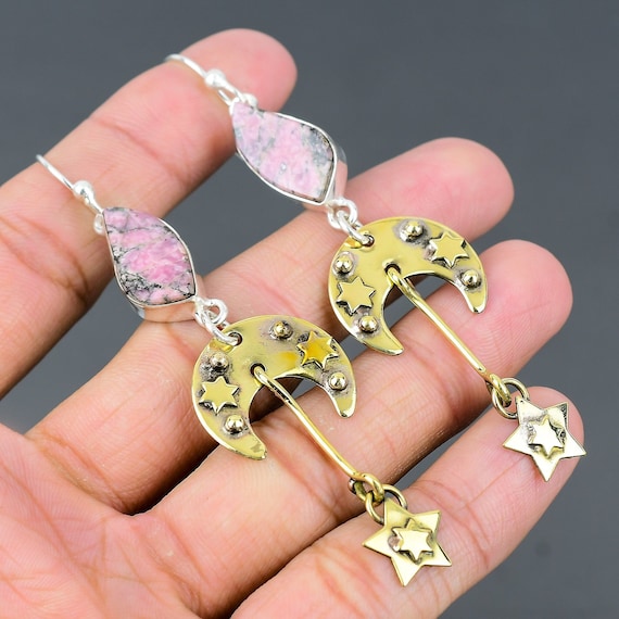 Rhodonite Star Moon Earrings: 925 Sterling Silver Dangle Earrings