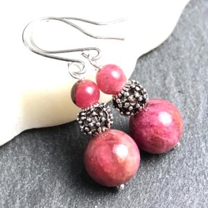 Rhodonite Earrings sterling silver natural pink gemstone boho statement modern dangle drops birthday holiday gift for her 7697 Rhodonite Earrings sterling silver natural pink gemstone boho statement modern dangle drops birthday holiday gift for her 7697