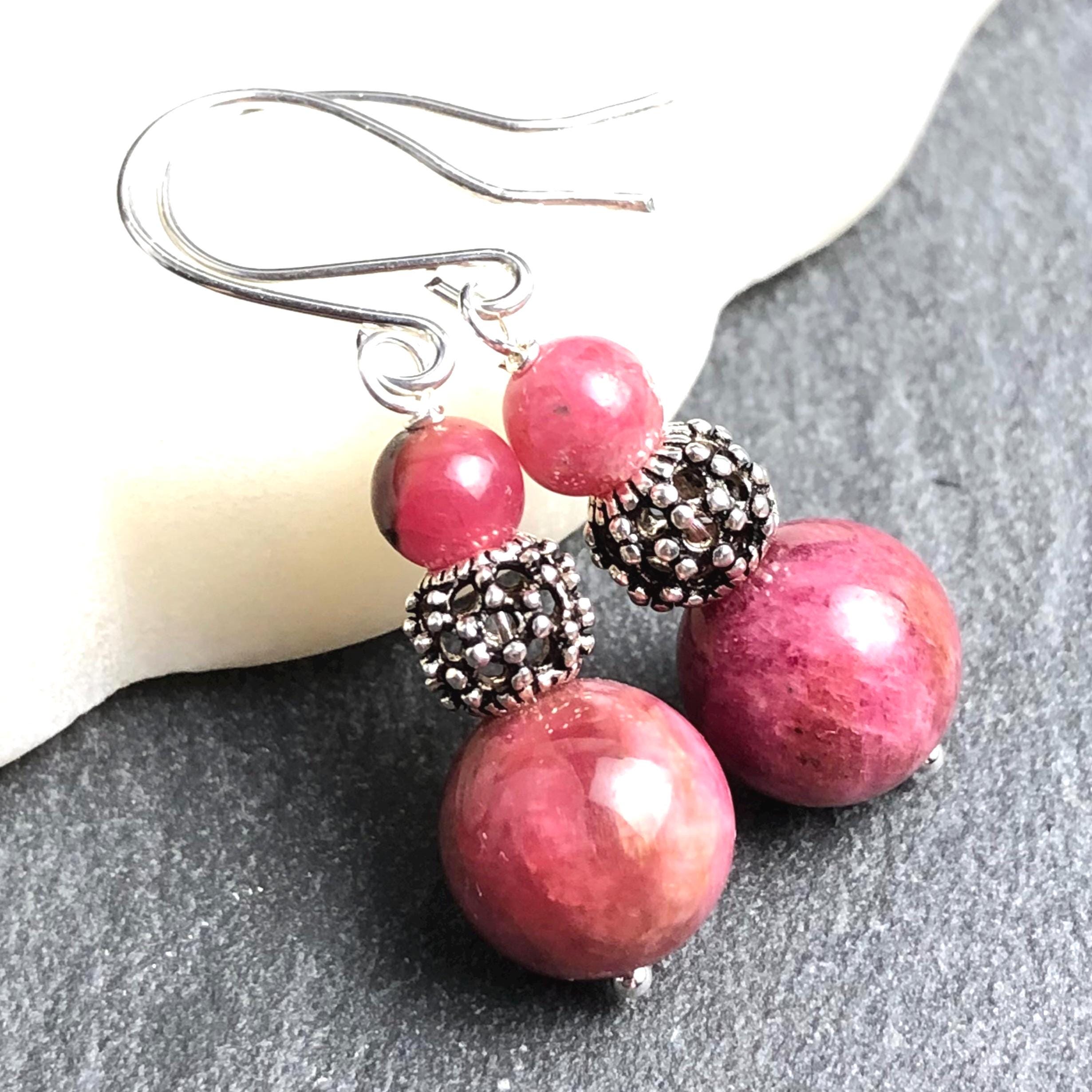 Rhodonite Earrings Sterling Silver Natural Pink Gemstone Boho Statement Modern Dangle Drops Birthday Holiday Gift For Her 7697