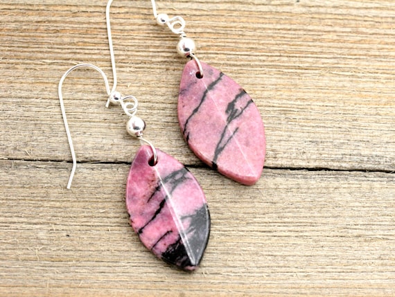 Rhodonite Earrings: Sterling Silver, Pink Stone Boho Jewelry