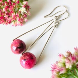 Rhodonite Earrings Sterling Silver wire wrapped natural rose red gemstone modern statement long dangle drops holiday birthday gift her 7572 Rhodonite Earrings Sterling Silver wire wrapped natural rose red gemstone modern statement long dangle drops holiday birthday gift her 7572