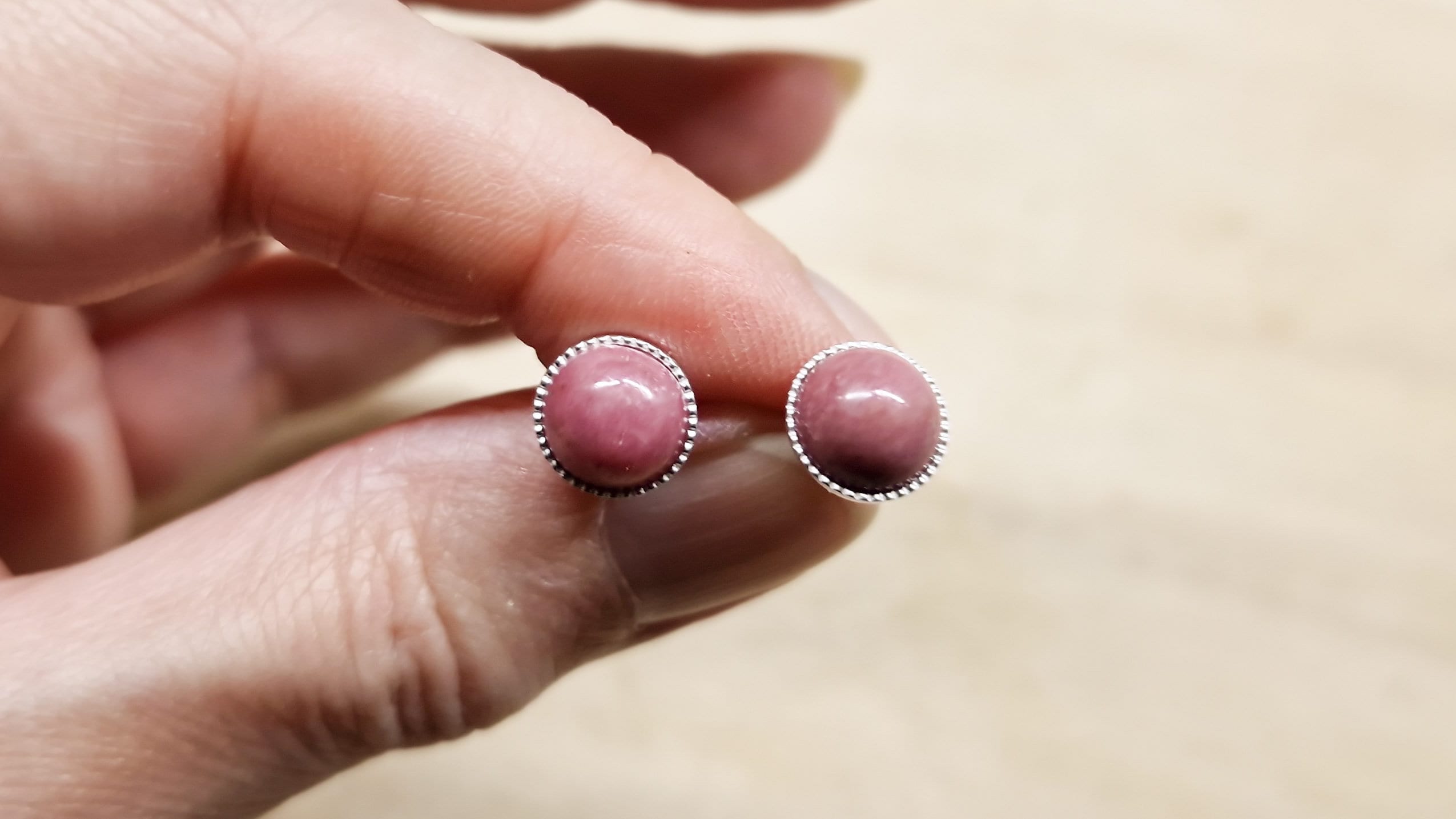 Rhodonite Stud Earrings. 925 Sterling Silver. Reiki Jewelry Uk. Taurus Jewelry. Pink Semi Precious Post Earrings. 8mm Round
