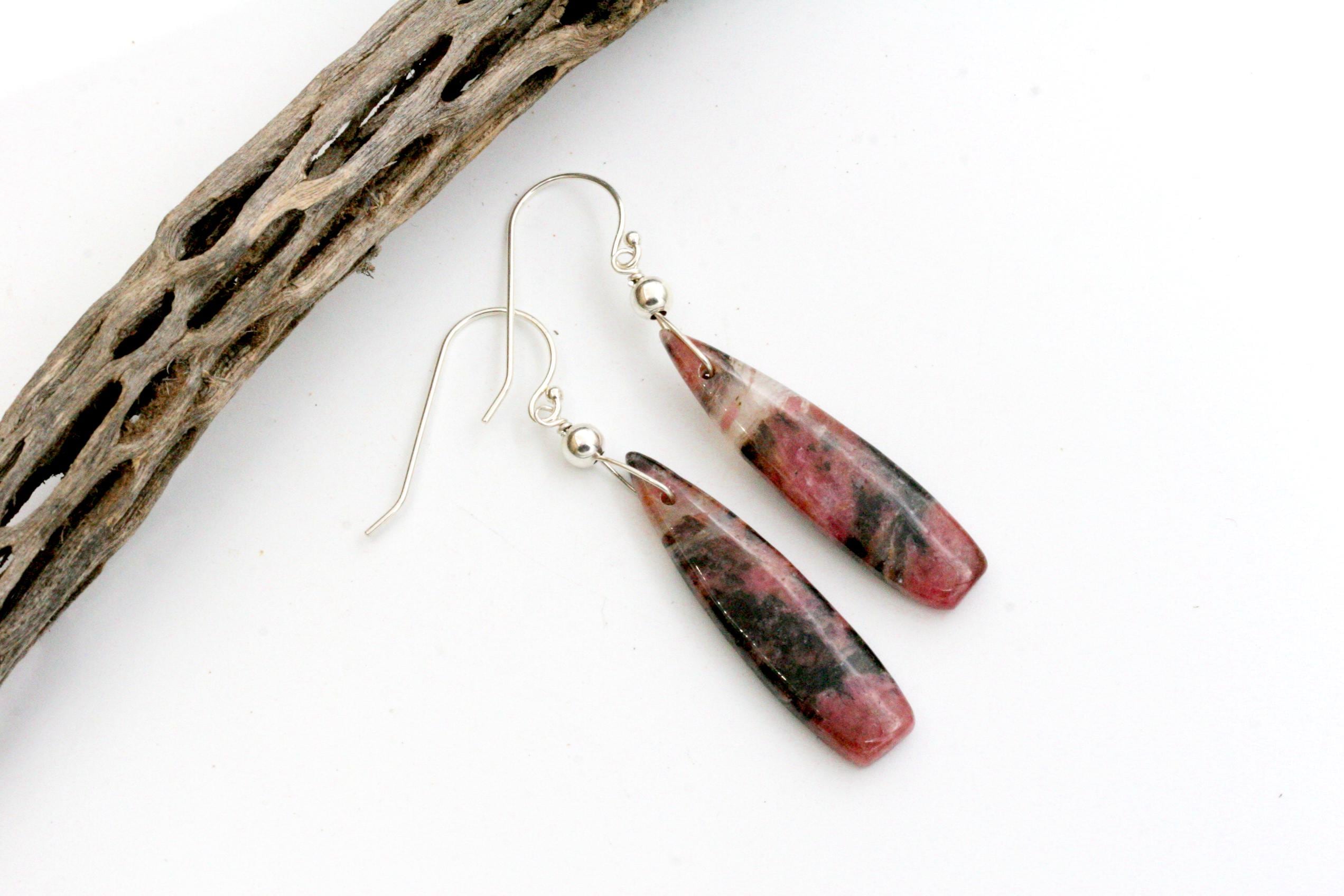 Rhodonite Teardrop Earrings, Sterling Silver Dangle, Natural Stone Jewelry
