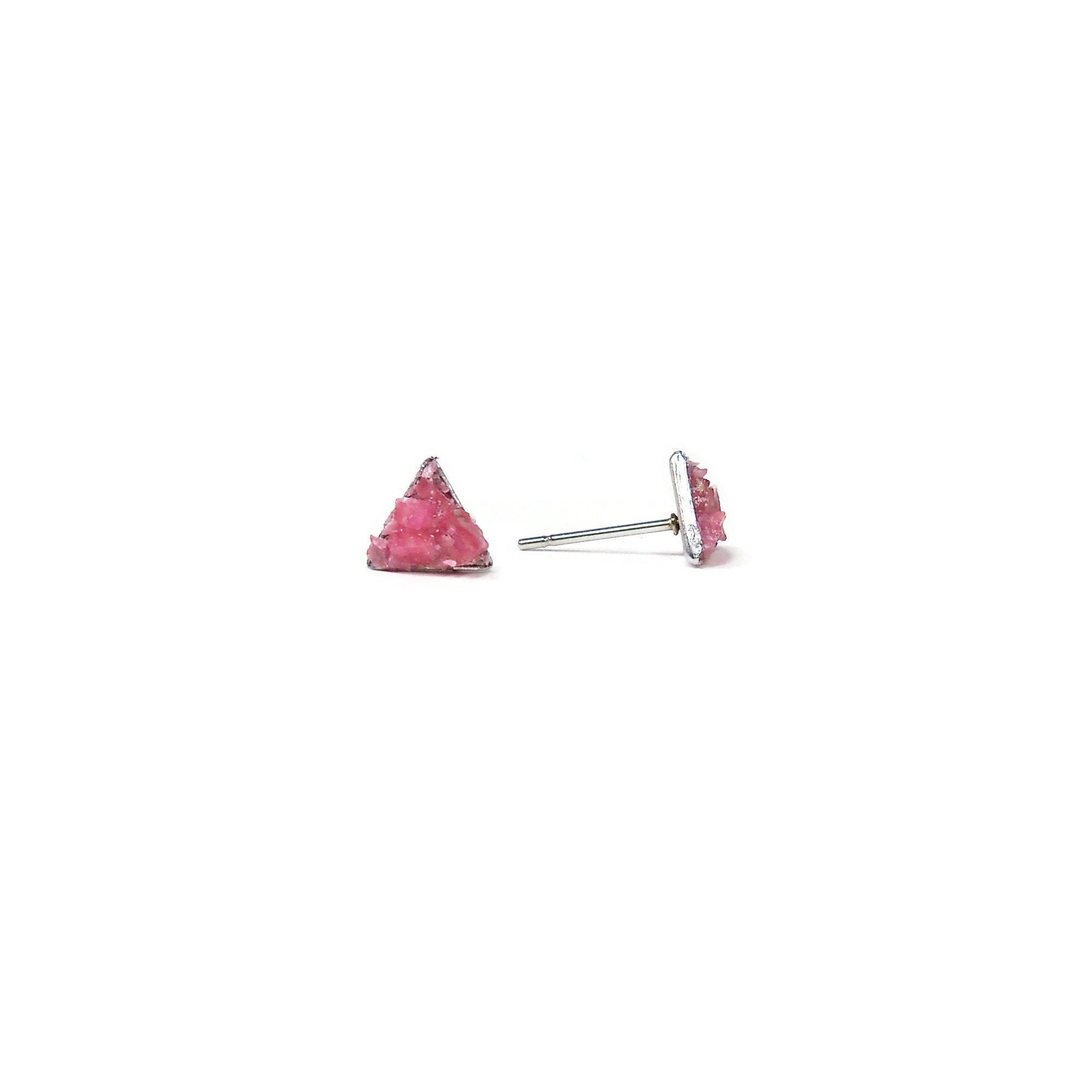 Rhodonite Triangle Geometric Crushed Stone Hypoallergenic Stainless Steel Stud Earrings