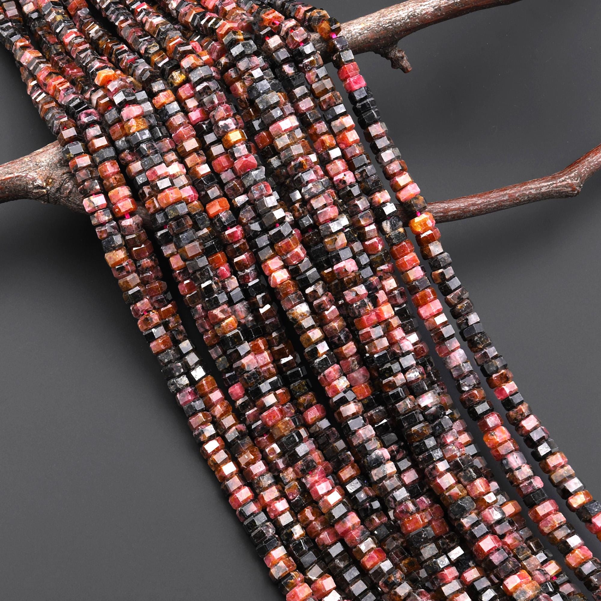 Aaa Faceted Natural Orange Red Rhodonite Beads 6mm Hexagon Heishi Rondelle 15.5" Strand