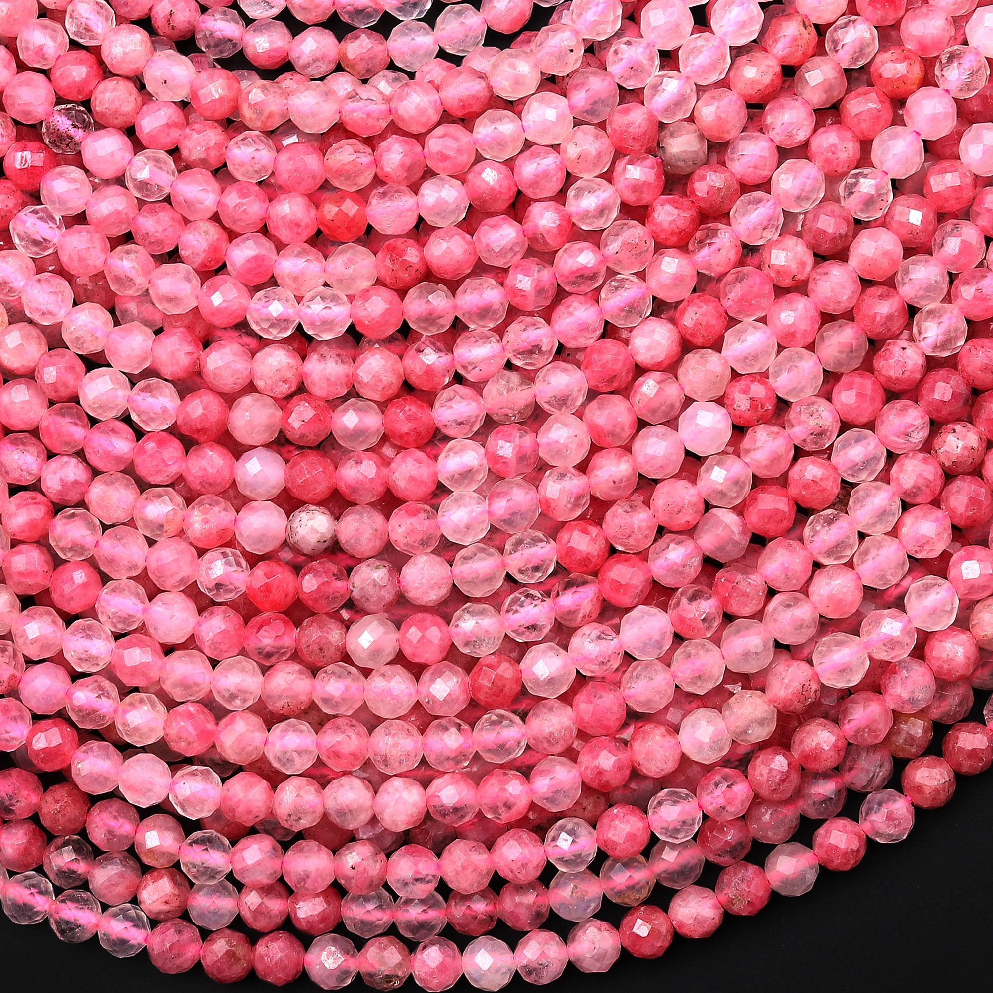 Aaa Faceted Natural Pink Rhodonite In Quartz Beads 3mm 4mm Round Beads 15.5" Strand