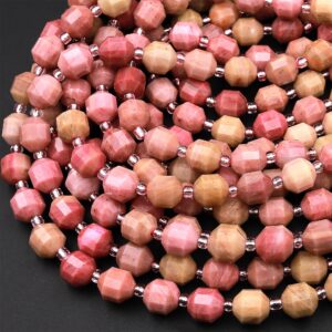 Natural Petrified Rhodonite 6mm 8mm Beads Faceted Energy Prism Double Point Cut 15.5" Strand