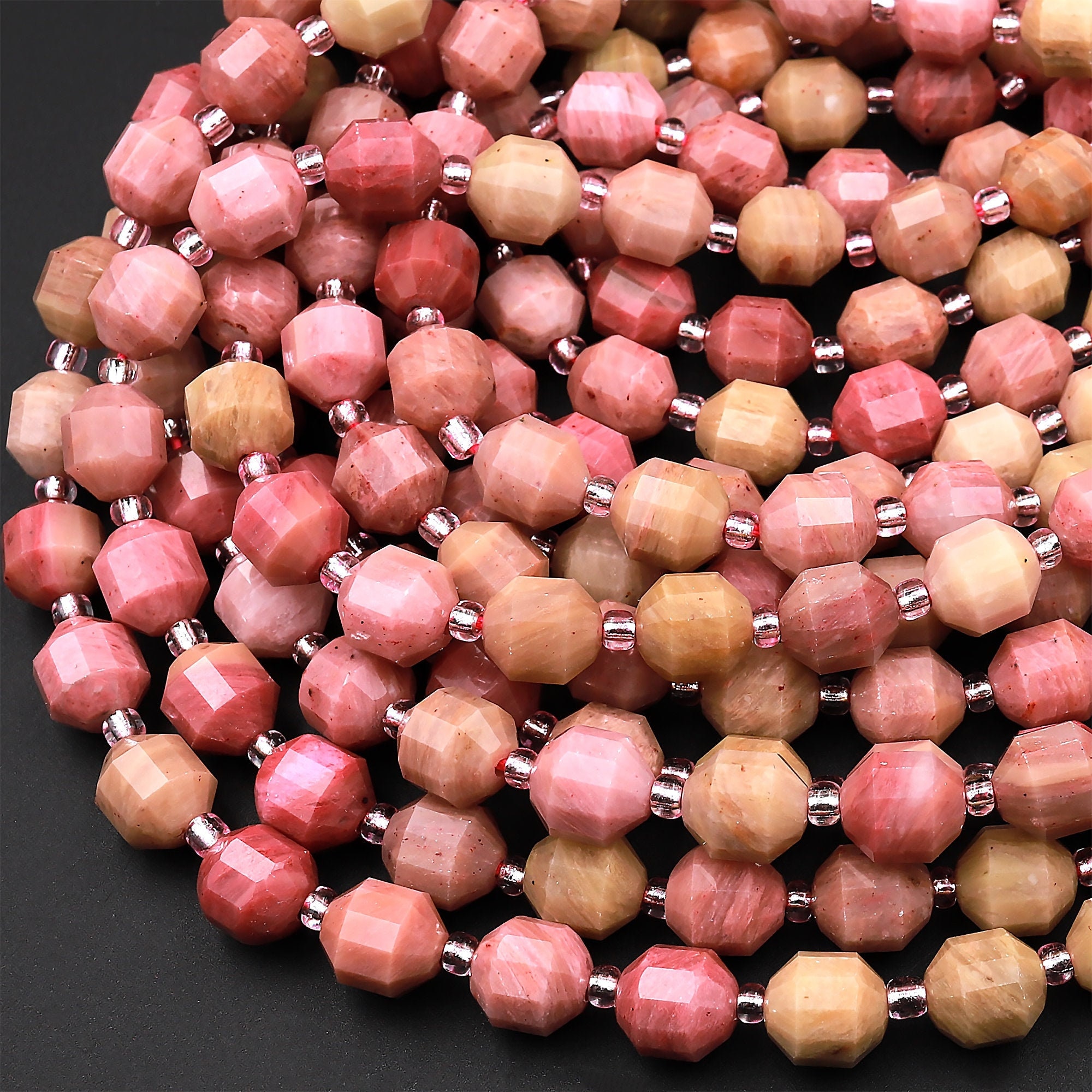Natural Petrified Rhodonite 6mm 8mm Beads Faceted Energy Prism Double Point Cut 15.5" Strand
