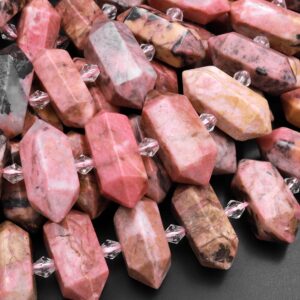 Natural Pink Red Rhodonite Beads Faceted Double Terminated Point Bullet Center Drilled Pendant Bead 15.5" Strand