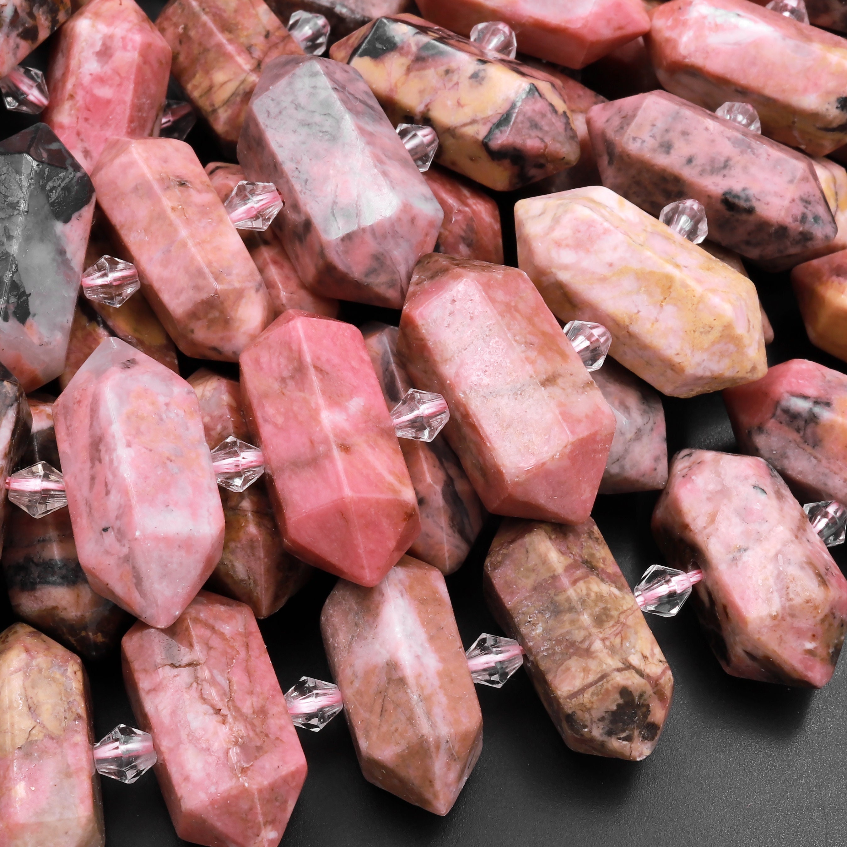 Natural Pink Red Rhodonite Beads Faceted Double Terminated Point Bullet Center Drilled Pendant Bead 15.5" Strand