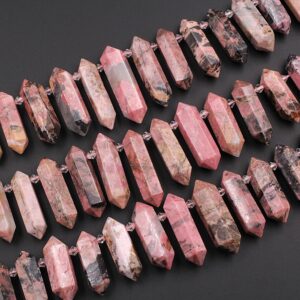 Natural Pink Red Rhodonite Beads Faceted Double Terminated Point Bullet Long Side Drilled Pendant Pendulum Bead 15.5" Strand