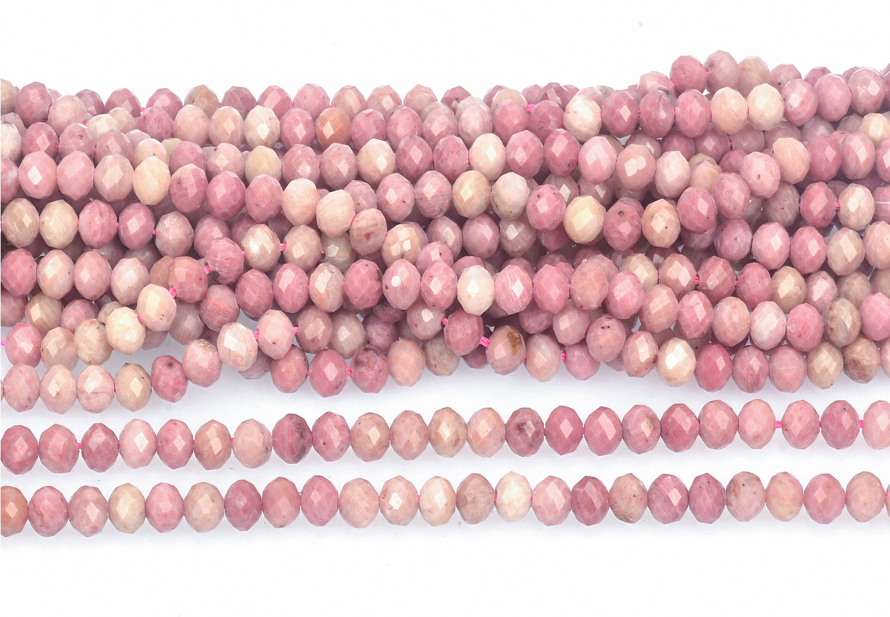 Natural Pink Rhodonite Rondell Beads -  Small Faceted Abacus Spacers - Pink Stone Beading Separators - Jewelry Making Supplies - Pink Stone