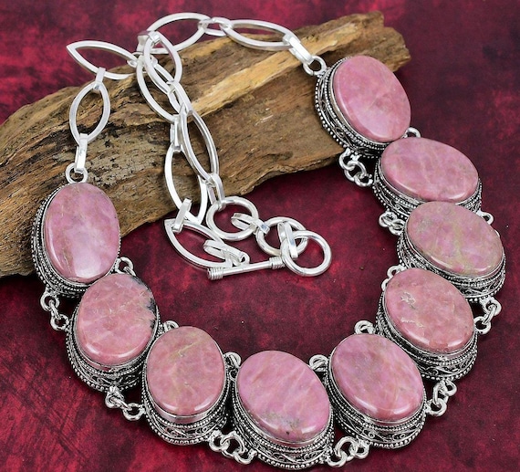 Beautiful Rhodonite Necklace, 925 Sterling Silver Jewelry Gemstone Jewelry Natural Adjustable Handmade Jewelry Necklace Anniversary Gifts