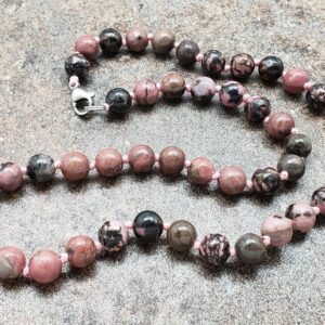 Black Vein Rhodonite Hand Knotted Necklace With Lobster Claw Clasp