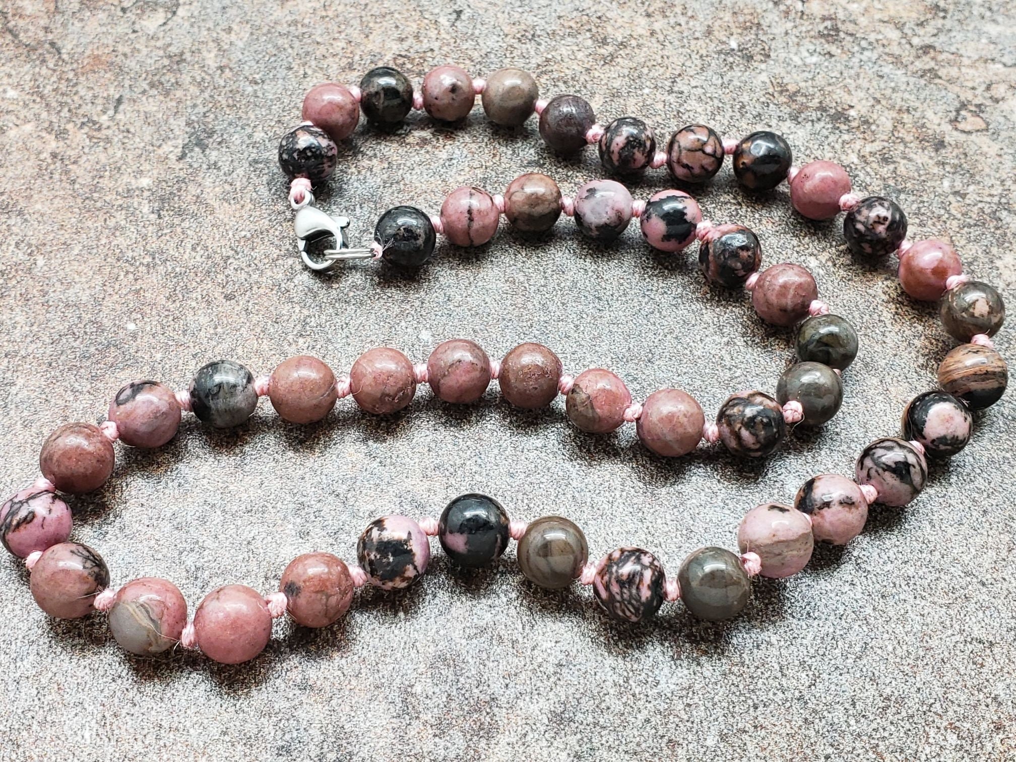 Black Vein Rhodonite Hand Knotted Necklace With Lobster Claw Clasp