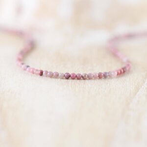 Rhodonite Delicate Beaded Necklace In Sterling Silver, Gold Or Rose Gold Filled, Dainty Gemstone Choker, Long Layering Necklace For Women