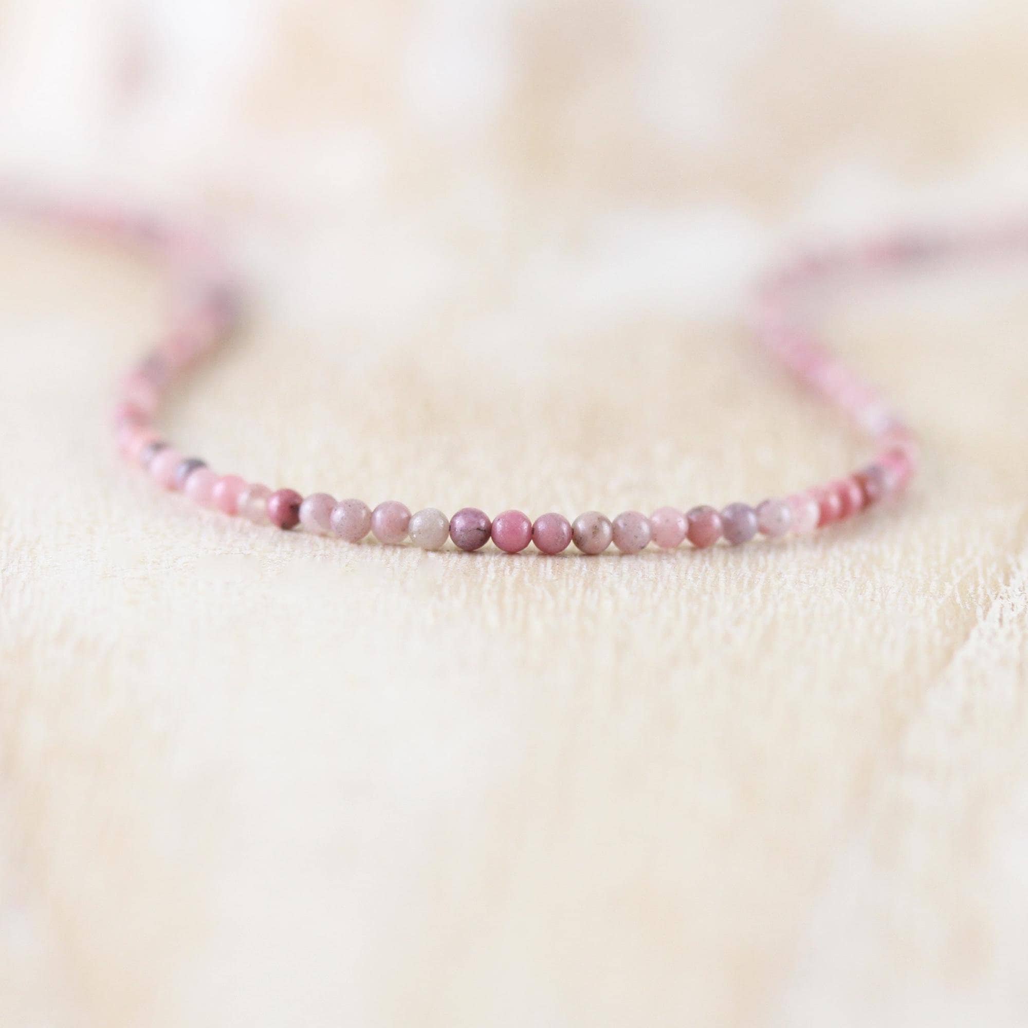 Rhodonite Delicate Beaded Necklace In Sterling Silver, Gold Or Rose Gold Filled, Dainty Gemstone Choker, Long Layering Necklace For Women