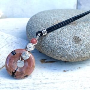 Rhodonite Donut Necklace: Sterling Silver Spiral Wire Wrap, Adjustable Cord