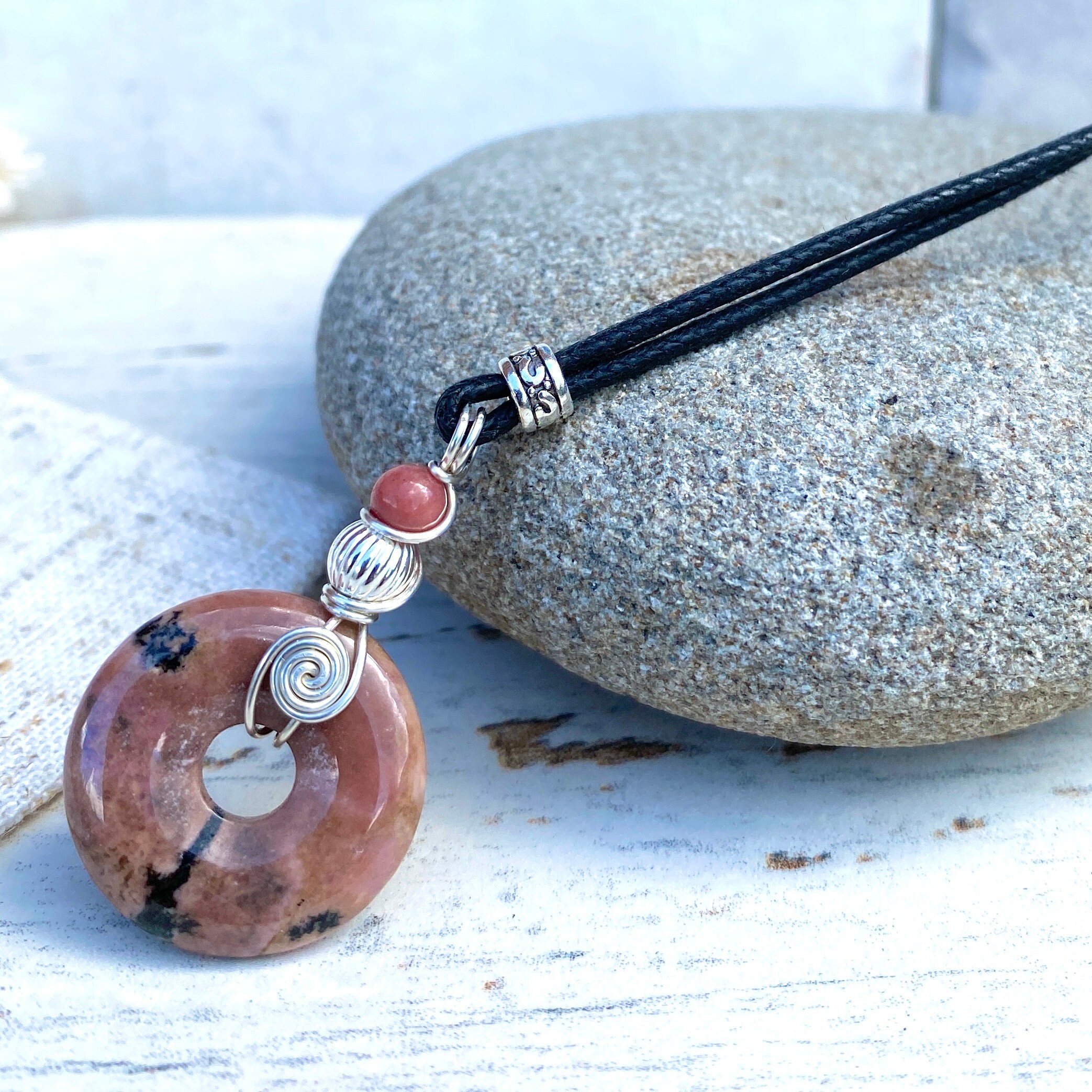 Rhodonite Donut Necklace: Sterling Silver Spiral Wire Wrap, Adjustable Cord