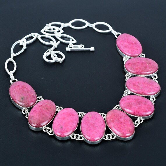 Rhodonite Gemstone Necklace: 925 Sterling Silver, Adjustable Chain