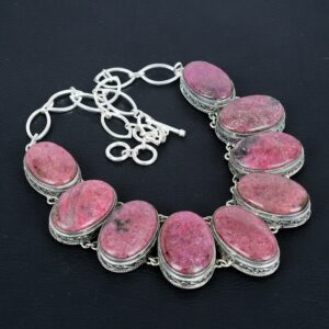 Rhodonite Gemstone Necklace: Vintage 925 Sterling Silver, Adjustable Chain