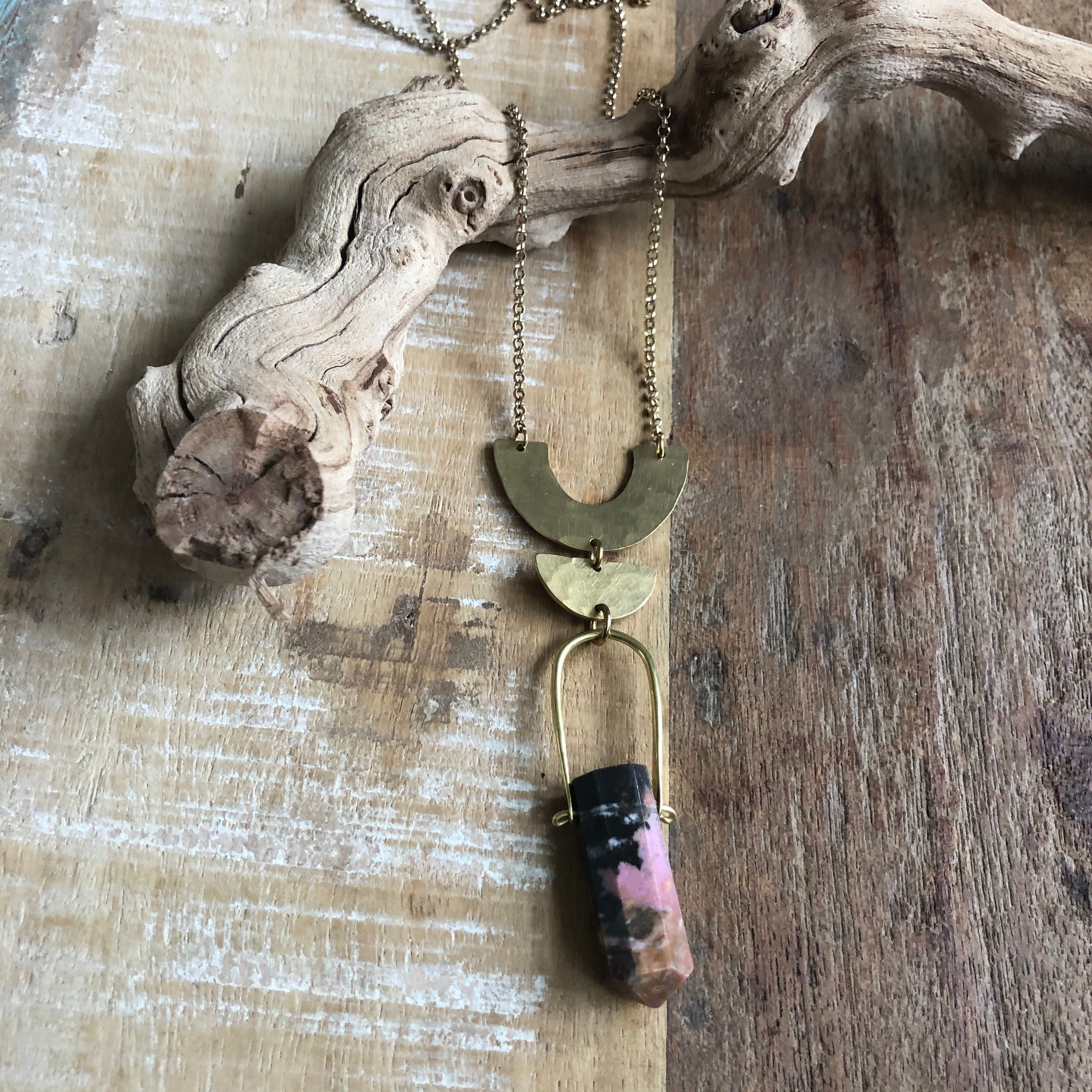 Hammered Brass And Rhodonite Necklace