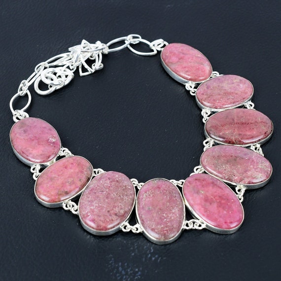 Handmade Rhodonite Necklace: Oval Gemstone, 925 Sterling Silver, Adjustable