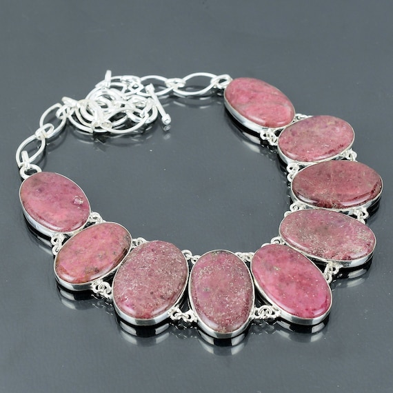 Handmade Rhodonite Necklace: Oval Gemstone, 925 Sterling Silver, Adjustable Chain
