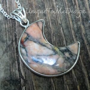 Handmade Sterling Silver Rhodonite Moon Necklace: Pink & Black Gemstone