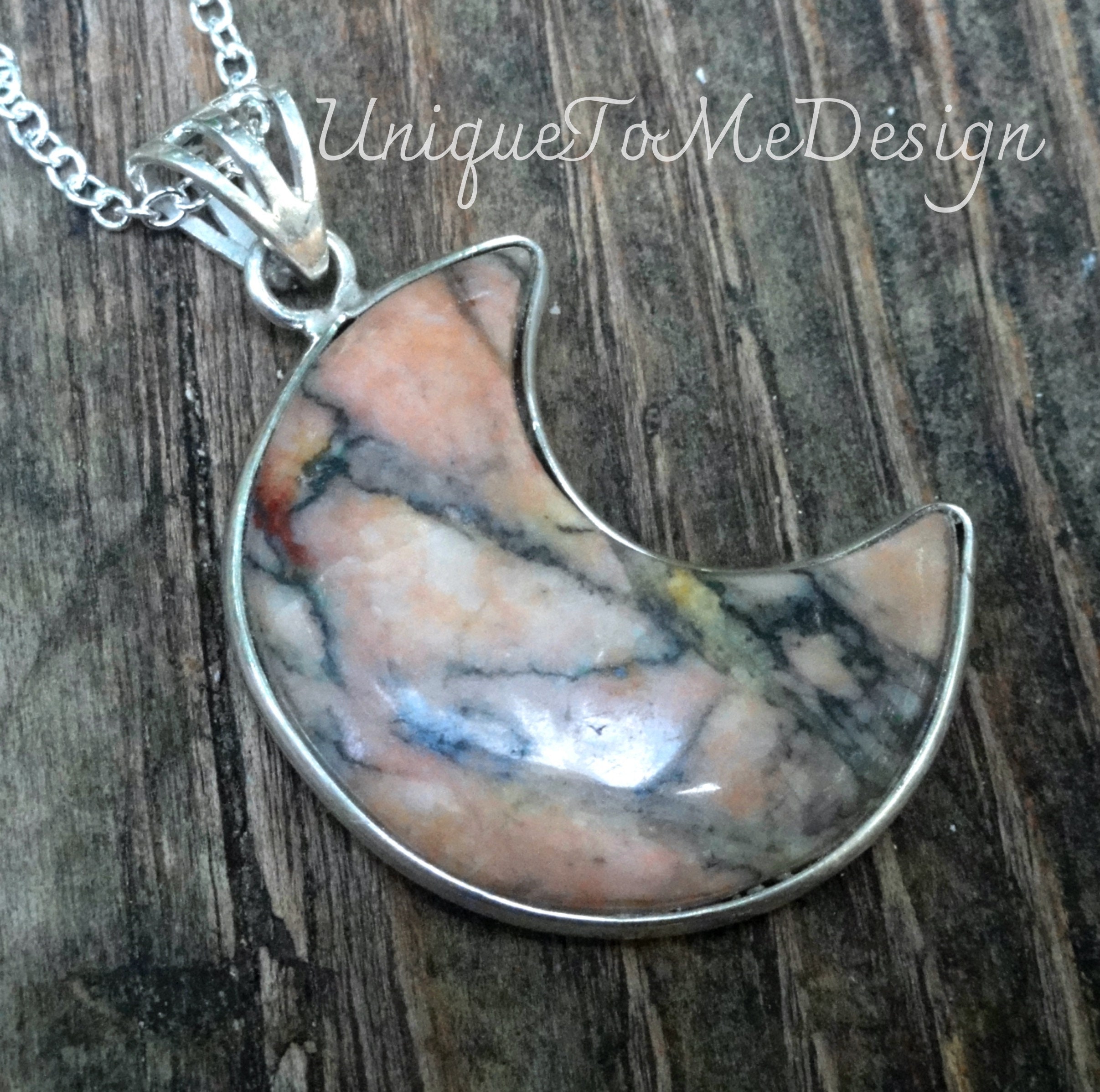 Handmade Sterling Silver Rhodonite Moon Necklace: Pink & Black Gemstone