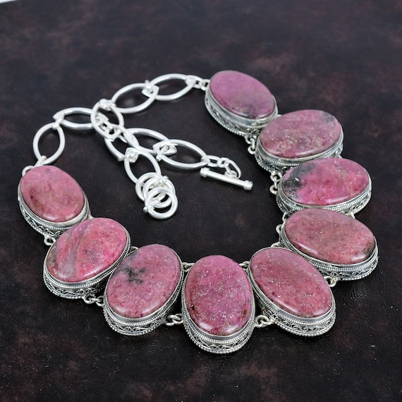 Handmade Rhodonite Necklace: Vintage 925 Sterling Silver, Adjustable