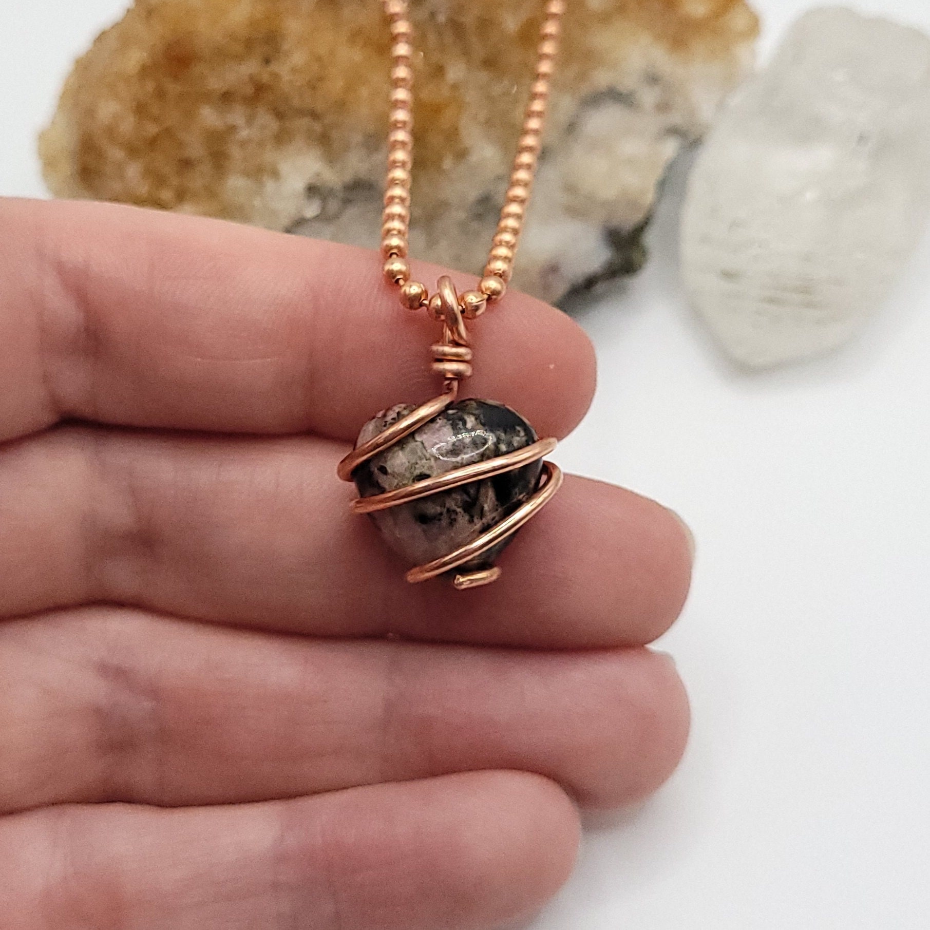 Rhodonite Heart Necklace In Copper: Emotional Healing And Heart Chakra Crystal
