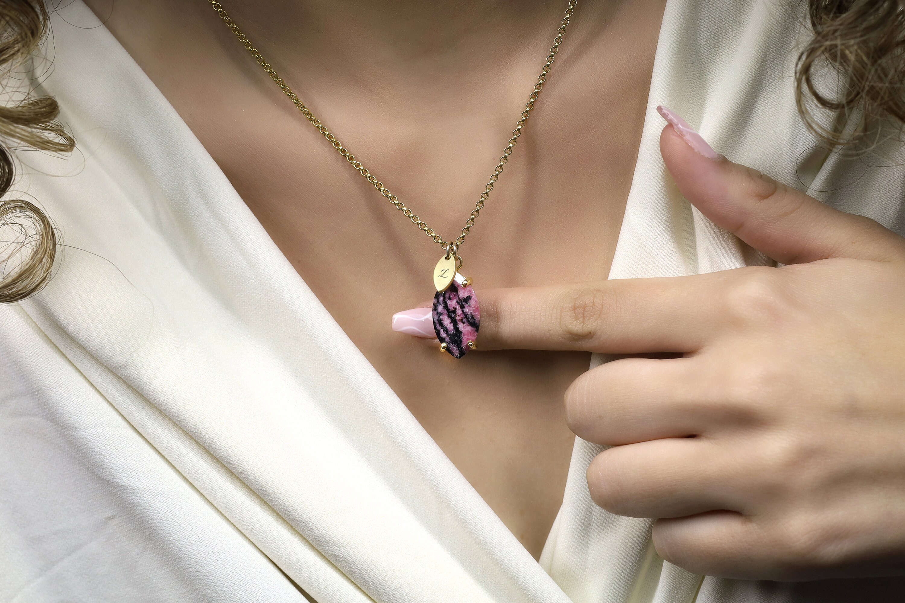 Initials Coin Gemstone Necklace · Engraved Rhodonite Marquise Necklace · Gold Name Necklace · Bridal Pink Necklace · Semiprecious Jewelry