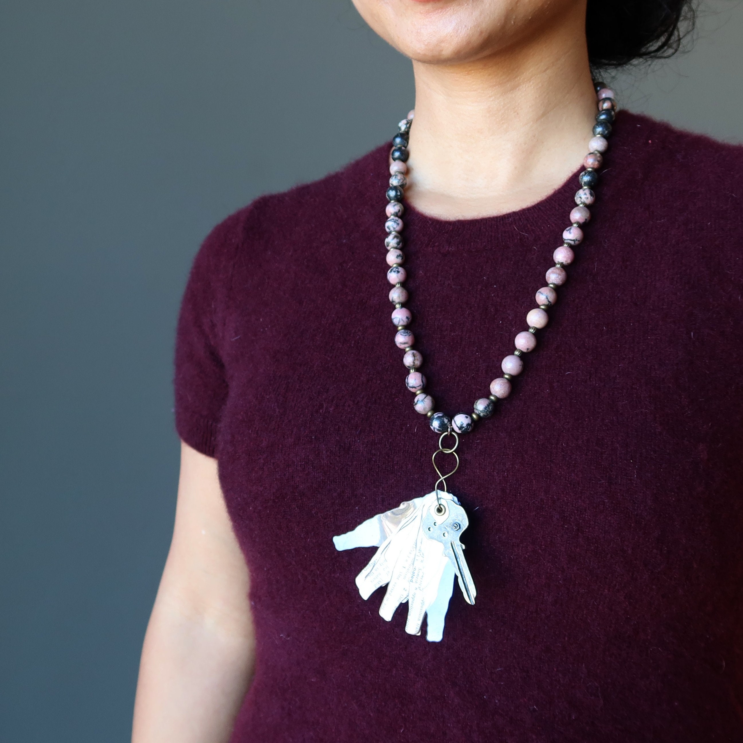 Rhodonite Necklace Key Prose Literature Pink Black Stone