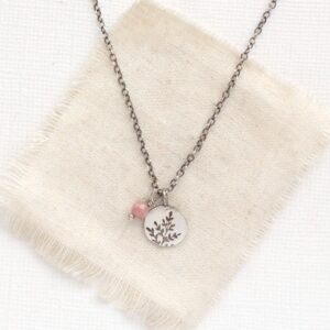 Mini Sprout & Rhodonite Charm Necklace, Little Leaf Necklace, Charm Jewelry