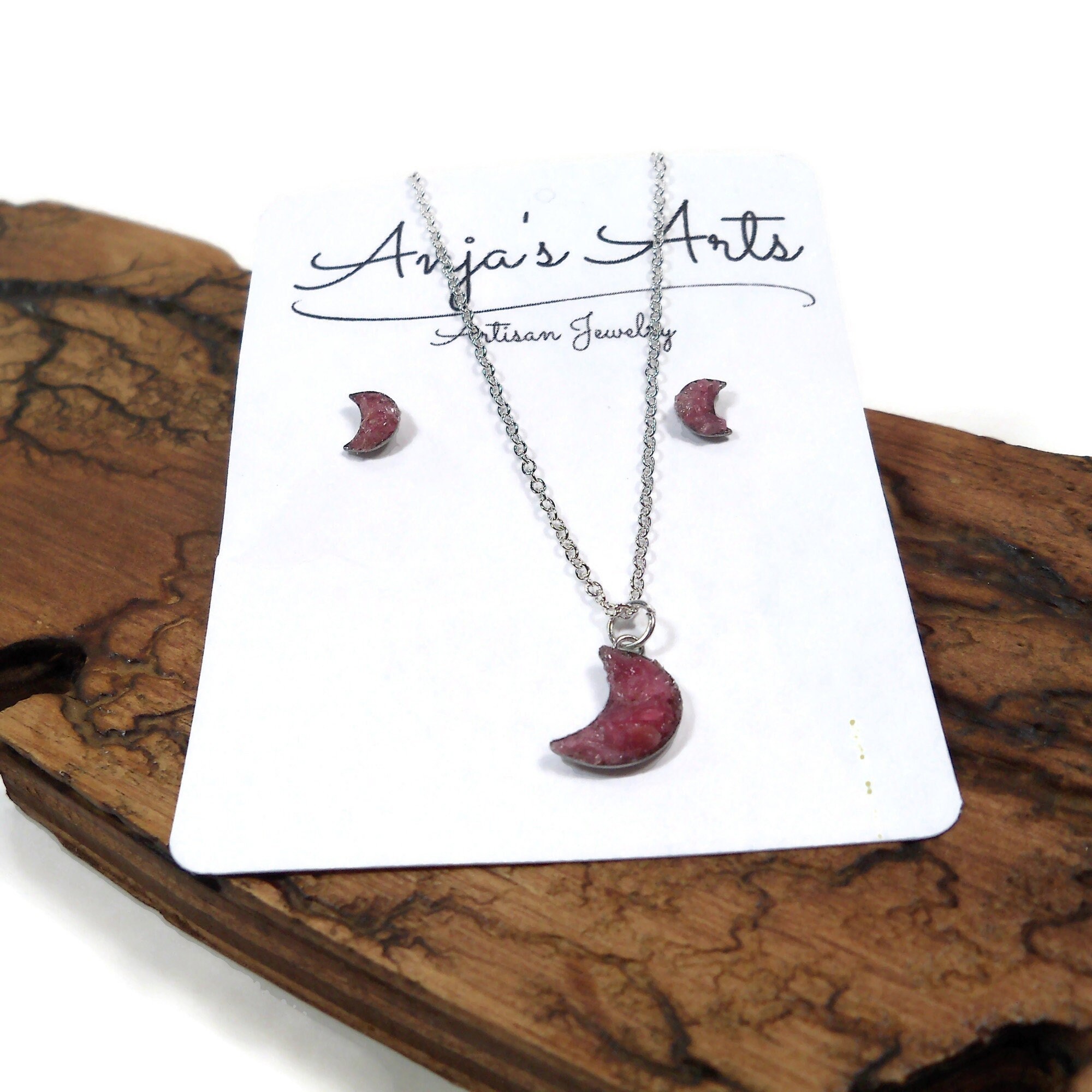 Moon Jewelry Set Stud Earrings 18" Necklace Crushed Pink Rhodonite Gift Set