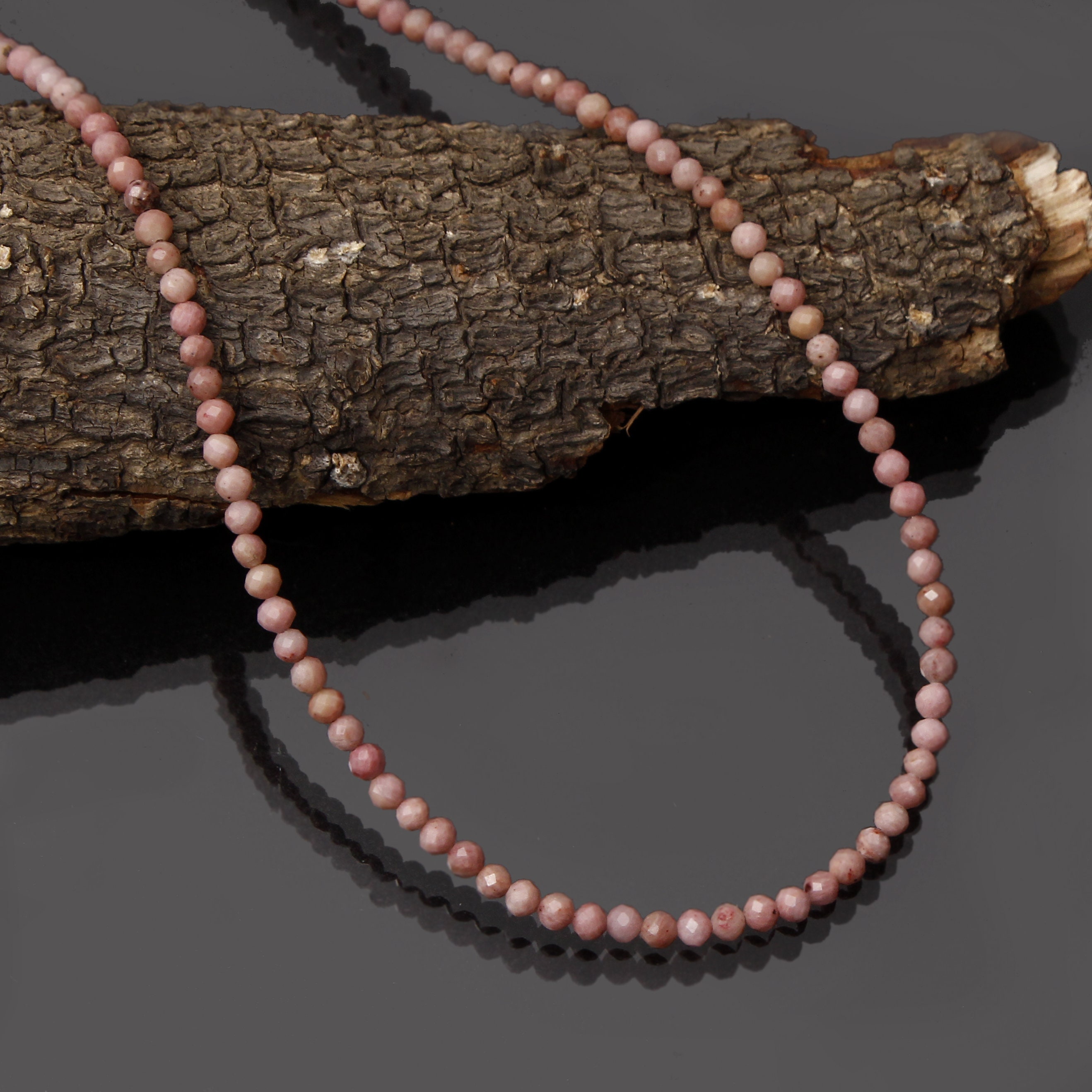 Natural Pink Rhodonite Beaded Necklace, 3mm Round Faceted Beads