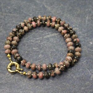 Rhodonite Necklace: Natural Rondelle Beads With Gold Spring Clasp