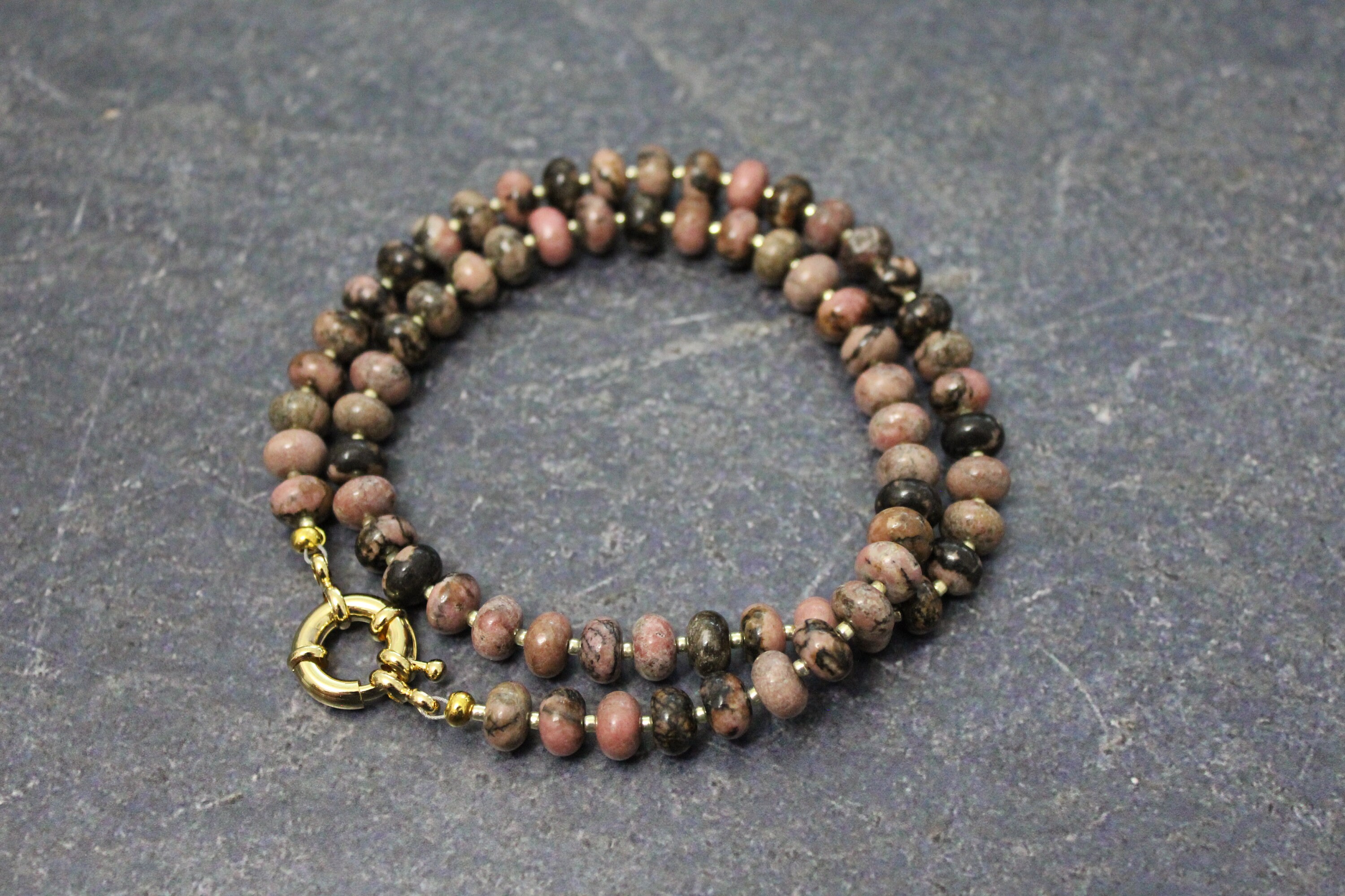 Rhodonite Necklace: Natural Rondelle Beads With Gold Spring Clasp