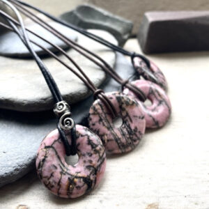 Rhodonite Pi Stone Necklace: Sterling Silver, Black Leather Cord