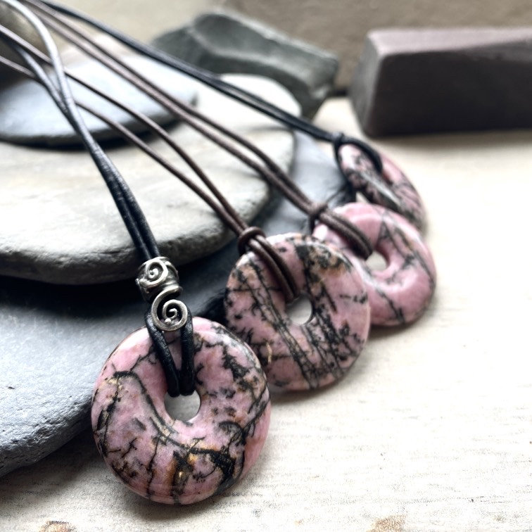 Rhodonite Pi Stone Necklace: Sterling Silver, Black Leather Cord